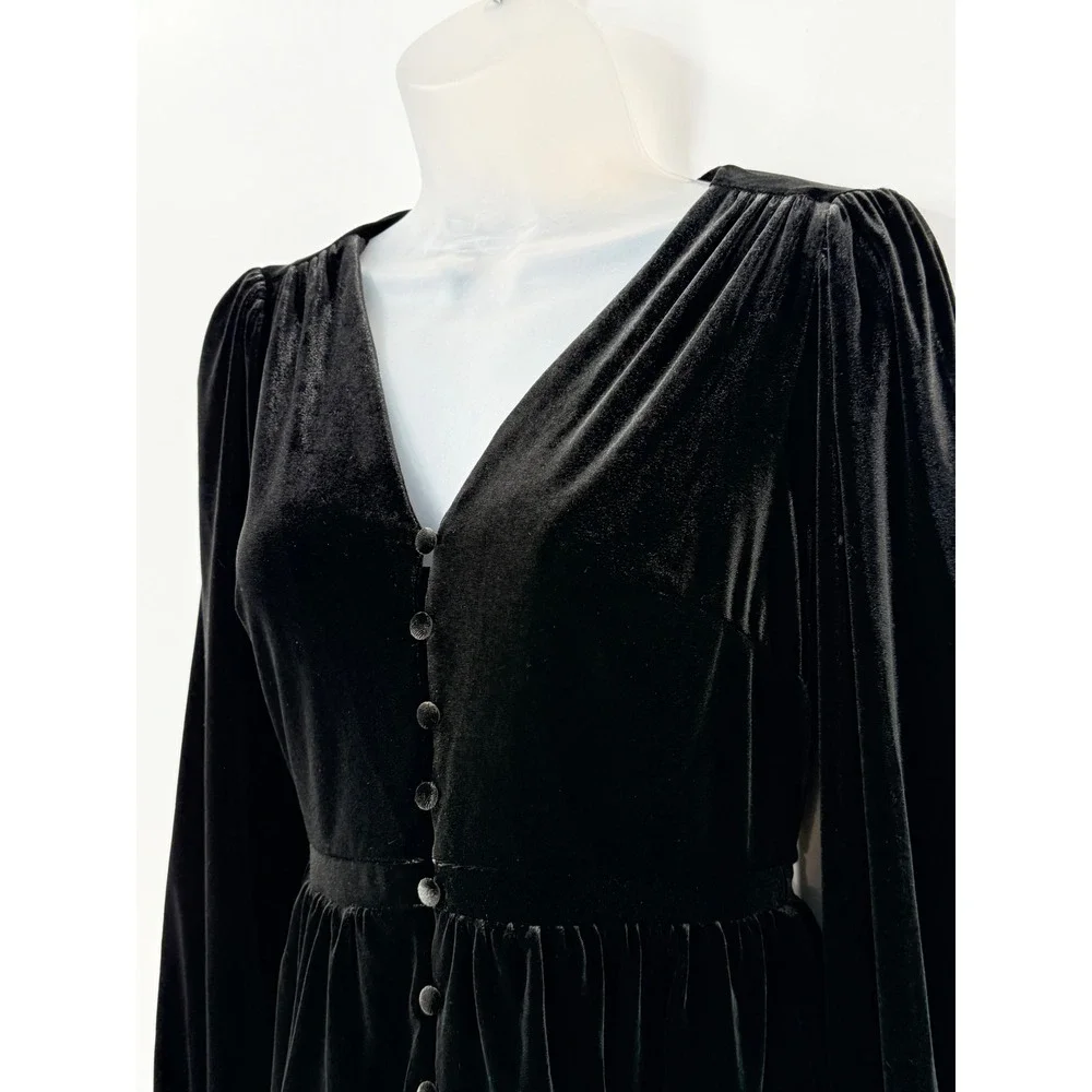 Whimsigoth Black Velvet Peplum Top Buttons Puff Sleeve womens sz XS witchy goth